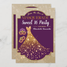 Paars Gold Glam Sweet 16 uitnodiging