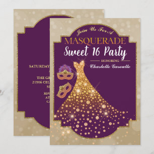 Paars Gold Glam Sweet 16 uitnodiging