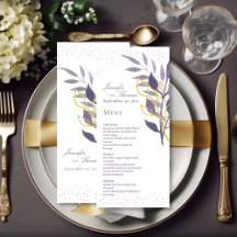 Paars Gold Glitter Botanical Wedding Menu