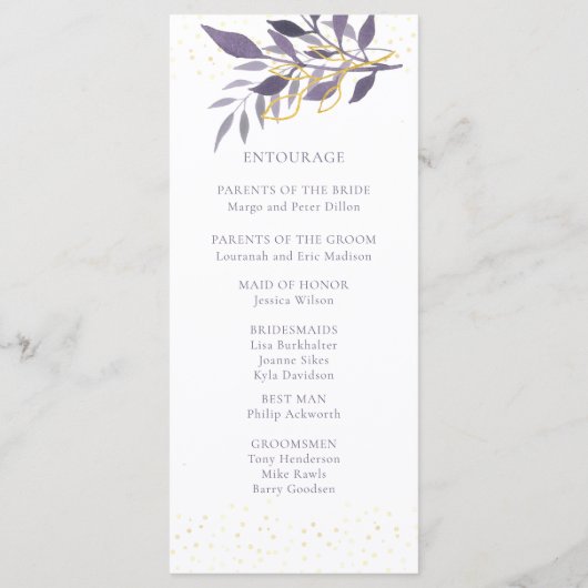 Paars Gold Glitter Botanical Wedding Programme Programmakaart (Achterkant)