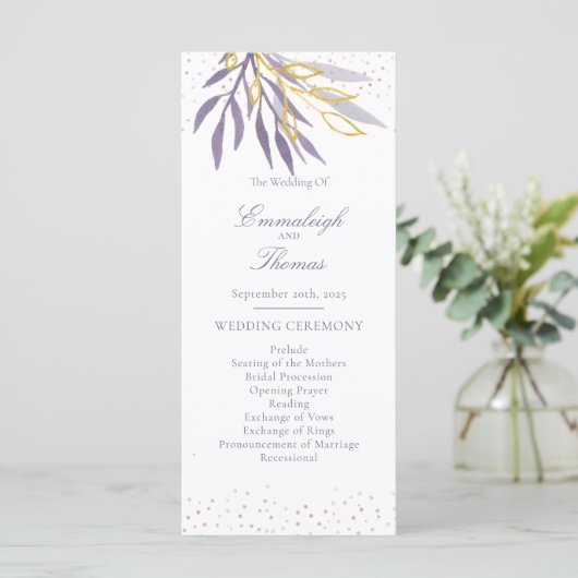 Paars Gold Glitter Botanical Wedding Programme Programmakaart (Staand voorkant)