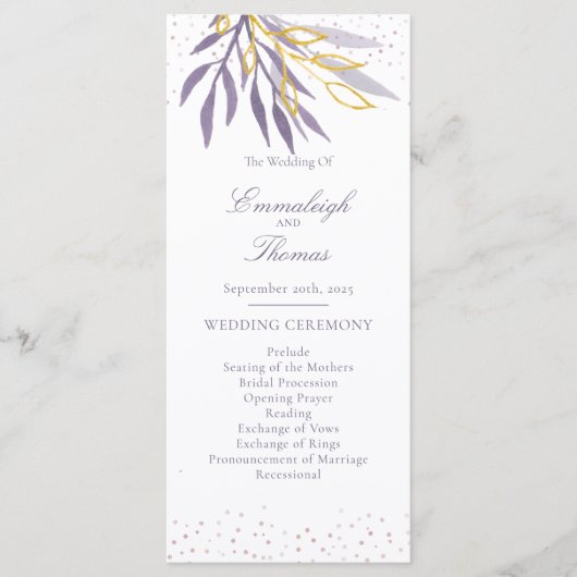 Paars Gold Glitter Botanical Wedding Programme Programmakaart (Voorkant)