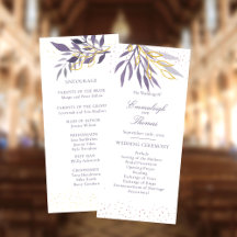Paars Gold Glitter Botanical Wedding Programme