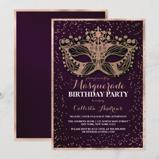 Paars Gold Glitter Confetti Masquerade Birthday Kaart (Voorkant / Achterkant)