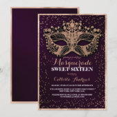Paars Gold Glitter Confetti Masquerade Sweet 16 Kaart (Voorkant / Achterkant)
