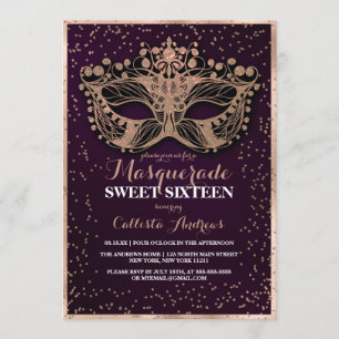 Paars Gold Glitter Confetti Masquerade Sweet 16 Kaart