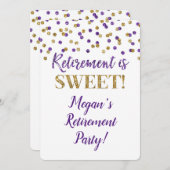Paars Gold Glitter Confetti Retirement Party Kaart (Voorkant / Achterkant)