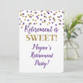 Paars Gold Glitter Confetti Retirement Party Kaart (Staand voorkant)