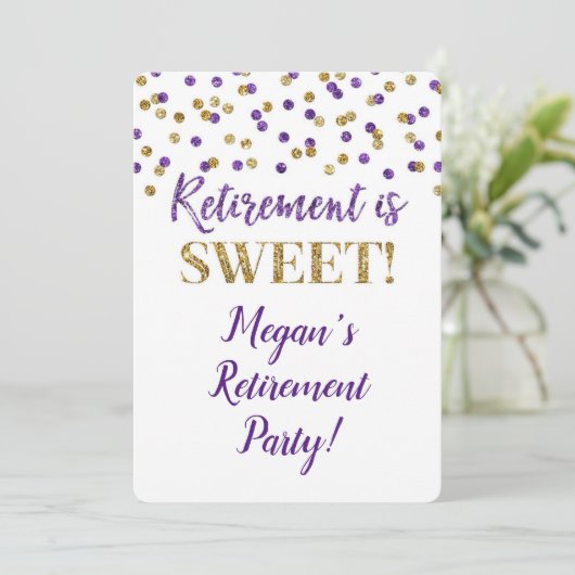 Paars Gold Glitter Confetti Retirement Party Kaart (Staand voorkant)