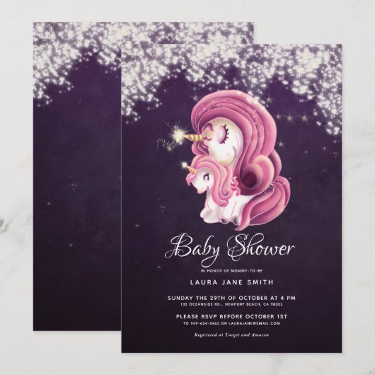 Paars Gold Glitter Magical Unicorns Baby shower Kaart (Voorkant / Achterkant)