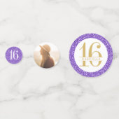 Paars Gold Glitter Sweet 16 Naam en Foto Confetti (Voorkanten)
