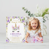 Paars Gold Glitter Unicorn Floral Foto van Birthda Kaart (Staand voorkant)