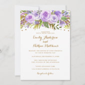 Paars Gold Glitter Waterverf Floral Wedding Kaart (Voorkant)