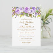 Paars Gold Glitter Waterverf Floral Wedding Kaart (Staand voorkant)
