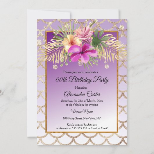 Paars Gold Hibiscus Floral Birthday Party Kaart (Voorkant)