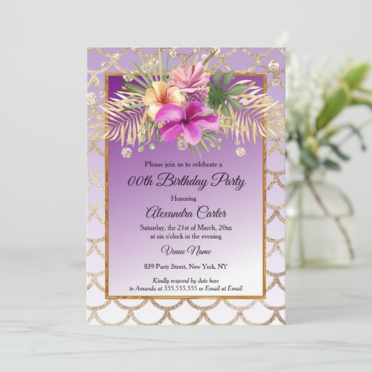 Paars Gold Hibiscus Floral Birthday Party Kaart (Staand voorkant)
