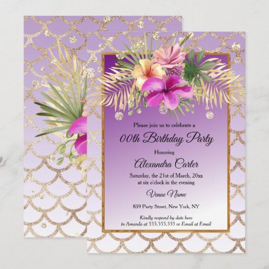 Paars Gold Hibiscus Floral Birthday Party Kaart (Voorkant / Achterkant)