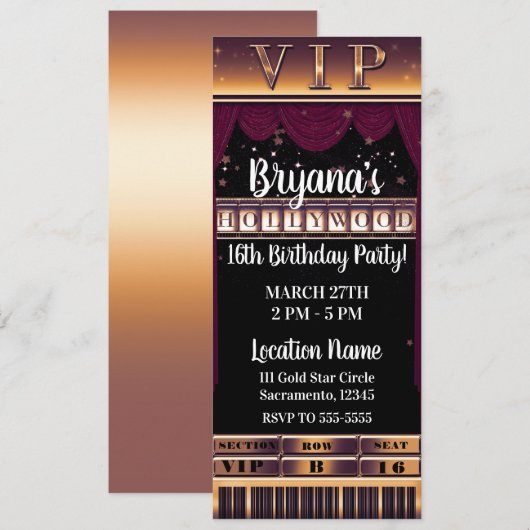 Paars Gold HOLLYWOOD Birthday Party VIP Ticket Kaart (Voorkant / Achterkant)