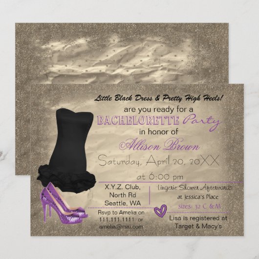 Paars Gold Little Black Dress bachelorette nodigen Kaart (Voorkant / Achterkant)