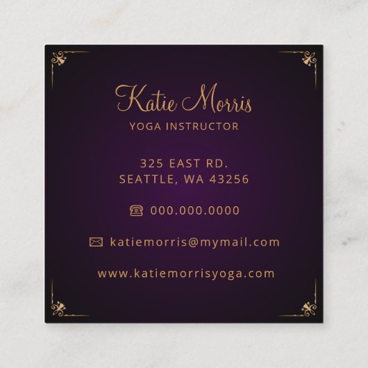 Paars Gold Mandala Elegant Yoga Instructor Vierkante Visitekaartje (Achterkant)