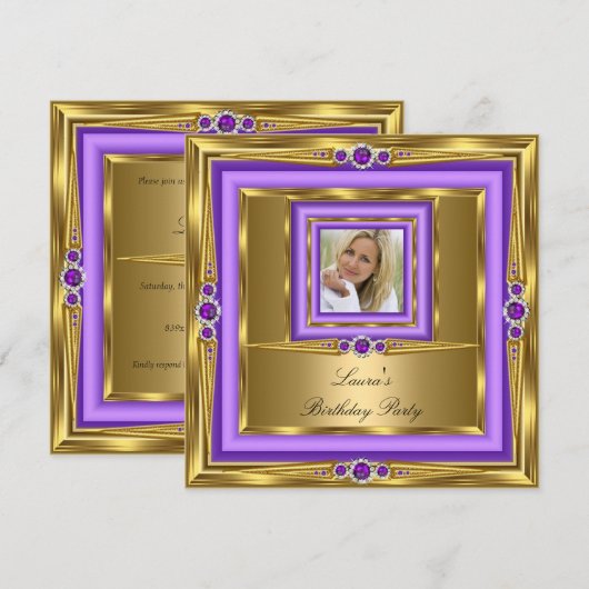 Paars Gold Pearl Foto van Birthday Party 2 Kaart (Voorkant / Achterkant)