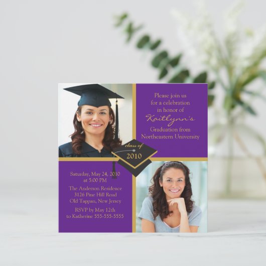 Paars & Gold Photo Afstuderen Uitnodiging (Staand voorkant)
