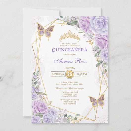 Paars Gold Quinceañera Butterfly Rozen Mis Quince Kaart (Voorkant)