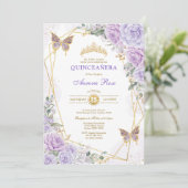 Paars Gold Quinceañera Butterfly Rozen Mis Quince Kaart (Staand voorkant)