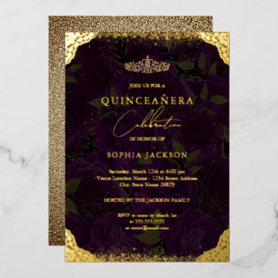 Paars Gold Roos Tiara Quinceanera Folie Uitnodiging