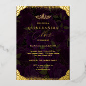 Paars Gold Roos Tiara Quinceanera Folie Uitnodiging (Voorkant)