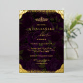 Paars Gold Roos Tiara Quinceanera Folie Uitnodiging (Staand Voorkant)