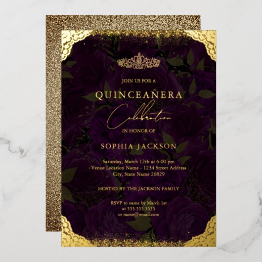 Paars Gold Roos Tiara Quinceanera Folie Uitnodiging (Voorkant / Achterkant)