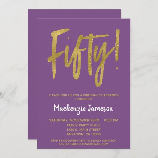 Paars Gold Script 50th Birthday Party Invitation Kaart (Voorkant / Achterkant)
