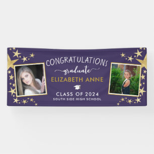 Paars & Gold Stars Foto Gefeliciteerd Afstuderen Spandoek