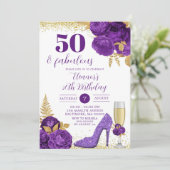 Paars Gold Stiletto Champagne Adult Birthday Kaart (Staand voorkant)