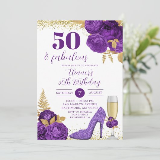 Paars Gold Stiletto Champagne Adult Birthday Kaart (Staand voorkant)