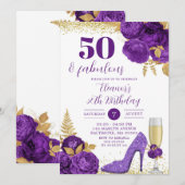 Paars Gold Stiletto Champagne Adult Birthday Kaart (Voorkant / Achterkant)