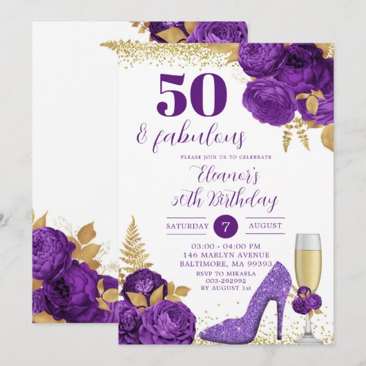 Paars Gold Stiletto Champagne Adult Birthday Kaart (Voorkant / Achterkant)