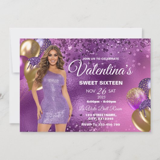 Paars & Gold Sweet 16 Girl Birthday Uitnodiging (Voorkant)