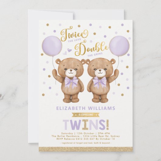 Paars Gold Teddy Bear Balloon Twin Baby shower Kaart (Voorkant)