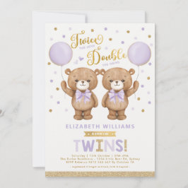 Paars Gold Teddy Bear Balloon Twin Baby shower Kaart