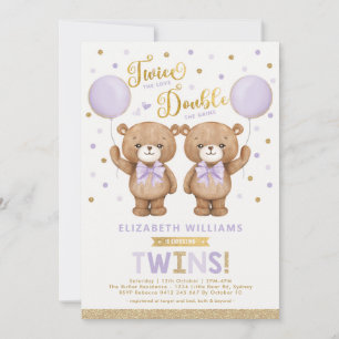 Paars Gold Teddy Bear Balloon Twin Baby shower Kaart