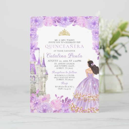 Paars Gold Tiara Princess Quinceañera Uitnodiging (Staand voorkant)