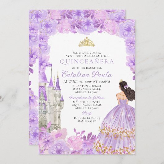 Paars Gold Tiara Princess Quinceañera Uitnodiging (Voorkant / Achterkant)