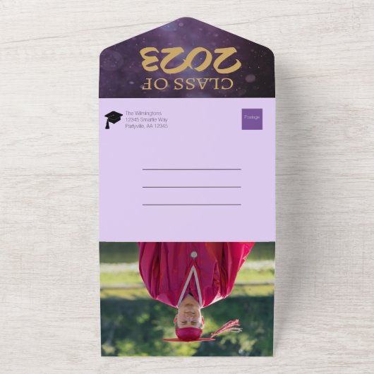 Paars & Gold Two Photo Graduparty All In One Uitnodiging (Buitenkant)