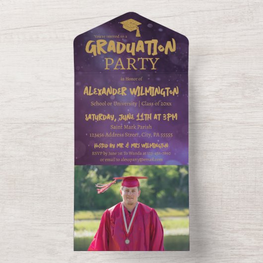 Paars & Gold Two Photo Graduparty All In One Uitnodiging (Binnen)