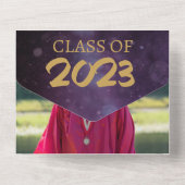 Paars & Gold Two Photo Graduparty All In One Uitnodiging (Achterkant)