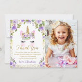 Paars Gold Unicorn Birthday Foto: Dank u wel Bedankkaart (Voorkant)