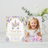 Paars Gold Unicorn Birthday Foto: Dank u wel Bedankkaart (Staand voorkant)