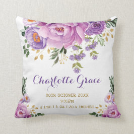 Paars Gold Waterverf Floral Birth Stats Nursery Kussen